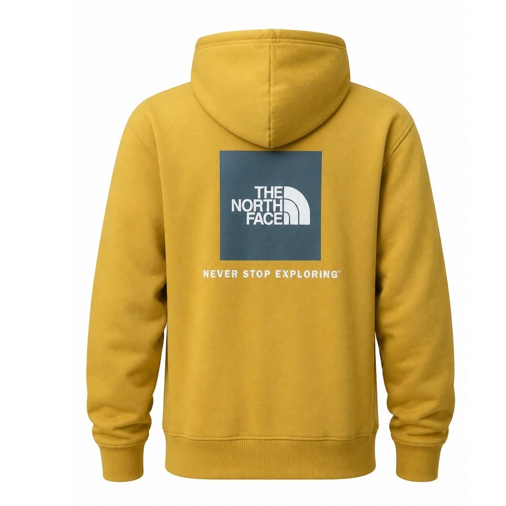 The North Face Mens XXL Mustard Yellow Box Logo Never Stop Exploring Hoodie